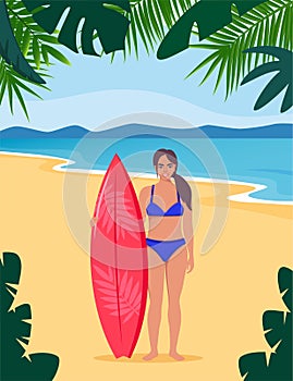 Young woman surfer with surfboard standing on the beach. Smiling surfer girl. Vector illustration
