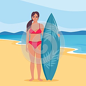 Young woman surfer with surfboard standing on the beach. Smiling surfer girl. Vector illustration