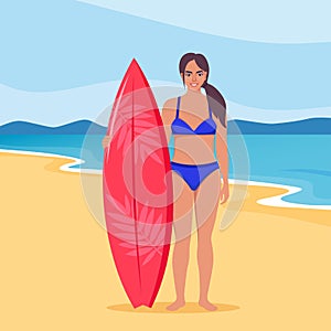 Young woman surfer with surfboard standing on the beach. Smiling surfer girl. Vector illustration