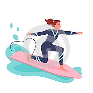 Young woman surfing on surf board, surfer in wetsuit surfing among waves and sea splashes