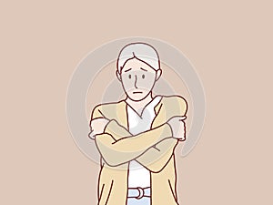 Young woman in sweater and scarf shivering from cold feel sick simple korean style illustration