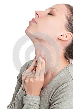 Young woman sweeping the laryngeal, laryngitis, goiter or hypothyreosis