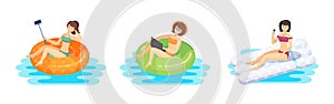 Young woman swiming inflatable ring air mattress,