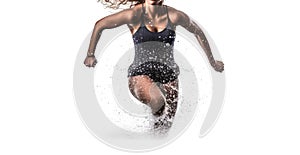 Young Woman Swimmer Runs With A Splash Of Water On Isolated White Background. Generative AI