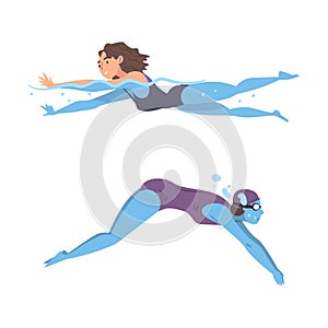 Young woman swimming and diving in swimming pool or sea cartoon vector illustration