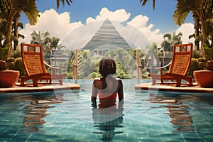 Young woman in swimming pool with pyramid in background. 3d rendering, Rear view of young african american woman relaxing in