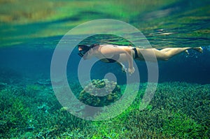 Young woman swimming on sea surface. Snorkel in coral reef of tropical sea. Woman in snorkeling mask underwater photo