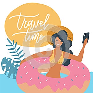 Young woman in swimsuit relaxing on a rubber inflatable donut ring in the sea or swiming pool vector flat illustration. The girl
