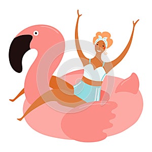 Young woman in swimsuit, riding flamingo float cute cartoon character illustration.