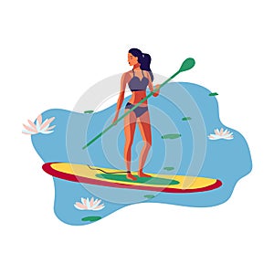 Young woman in a swimsuit swimming on a SUP board on the lake among water lily flowers vector flat illustration
