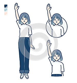 A young woman in a T-shirt with raise hand images