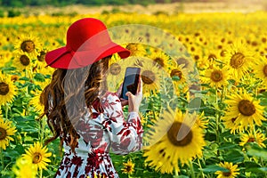 Young woman take a photo in a field of sunflowers