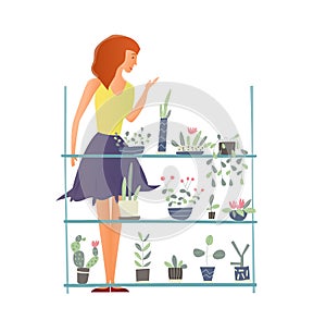 Young woman takes care of houseplants. Caring for indoor plants, hobby. A florist or a customer in a flower shop. Vector