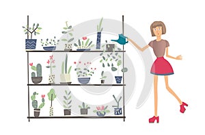 Young woman takes care of houseplants. Caring for indoor plants, hobby. A florist or a customer in a flower shop. Vector