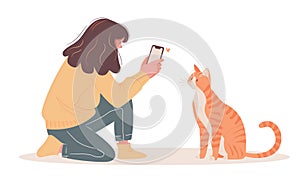 Young woman takes a picture of her red cat. Flat illustration for animal shelter. White background