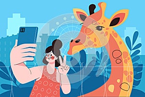 Young woman takes selfie with giraffe in city zoo on her holiday travel. flat style vector illustration.