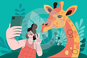 Young woman takes selfie with giraffe in forest jungle on her holiday travel. flat style vector illustration.