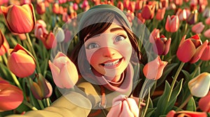 Young woman takes a selfie in the tulip field. Canadian Tulip Festival or Netherlands event. 3d
