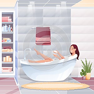 Young woman taking bath in bathroom at home. Happy woman washing with soap and foam in bathtub indoor vector