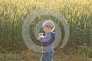 Young woman taking pictures of a child field