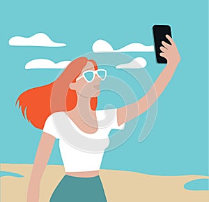 Young Woman Taking Selfie at Beach Illustration