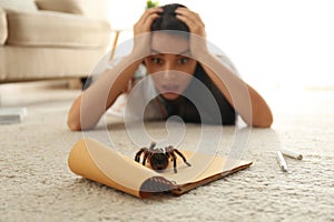 Young woman and tarantula. Arachnophobia fear of spiders
