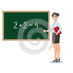 Young woman teacher standing near blackboard