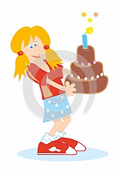 Young woman, teenager holding a birthday chocolate cake, funny vector illustration, eps.