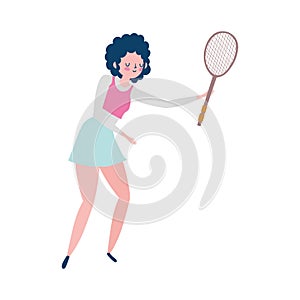 Young woman with tennis racket isolated icon white background