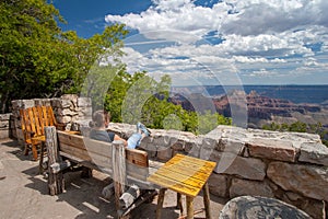 Young woman on terrace of Grand Canyon Lodge. photo