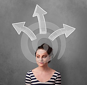 Young woman thinking with arrows above her head