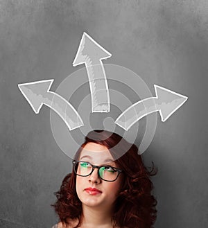 Young woman thinking with arrows above her head