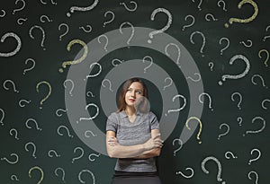 Young woman thinking with blackboard