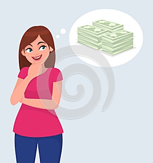 Young woman thinking cash / money / currency / banknotes appearing in the thought bubble or speech blurb. photo