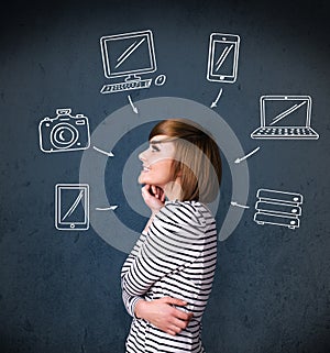 Young woman thinking with drawn gadgets around her head