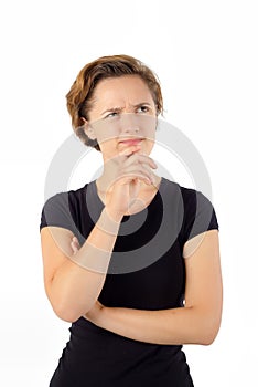 Young Woman Thinking. Hand on Chin. Isolated