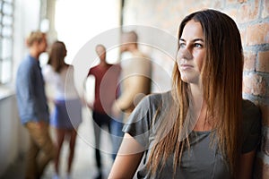 Young woman, thinking and planning in corridor idea, thoughts and vision for project. Female, decision to contemplate