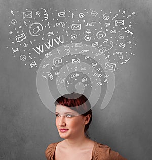 Young woman thinking with social network icons above her head