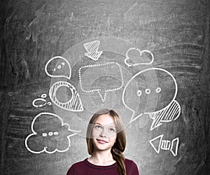 Young woman with thought bubbles