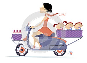 Young woman and three babies ride on the scooter
