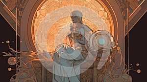 Young Woman on Throne: Ethereal Geometry and Fine Art Nouveau Inspired Portrait with Subtle Lighting, Generative AI