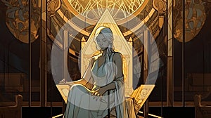 Young Woman on Throne: Ethereal Geometry and Fine Art Nouveau with Subtle Light and Shadow, Generative AI