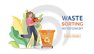 Young woman throwing plastic garbage into containers vector illustration.