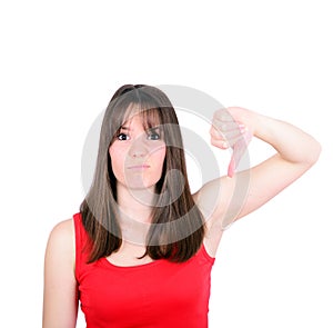 Young woman thumbing down isolated on white background