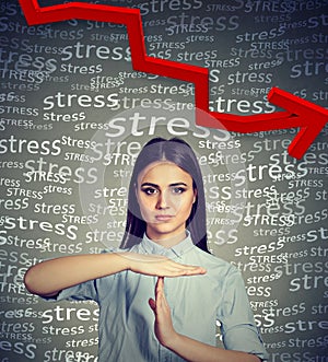 Young woman with time out hand gesture requesting to decrease stress level