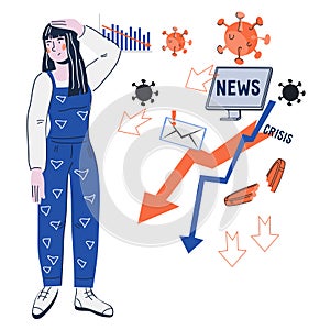 Young woman tired of news overloading, flat cartoon vector illustration isolated