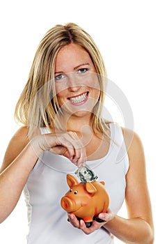 Young woman, to save money. Dollar Bill