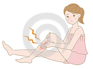 Young woman touching her redness leg isolated on white background. beauty body care concept