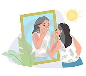 Young woman touching sunburned nose flat vector