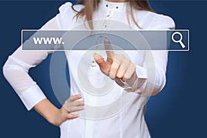 Young woman touching web browser address bar with www sign